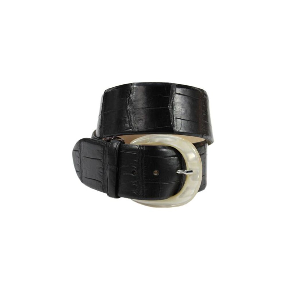 Tardini Womens Genuine Alligator 2" Width Bull Horn Buckle Belt Black Size 36